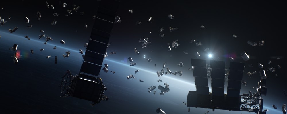 3D mallinnus, jossa rikkinäiset satelliitit kiertävät Maata.