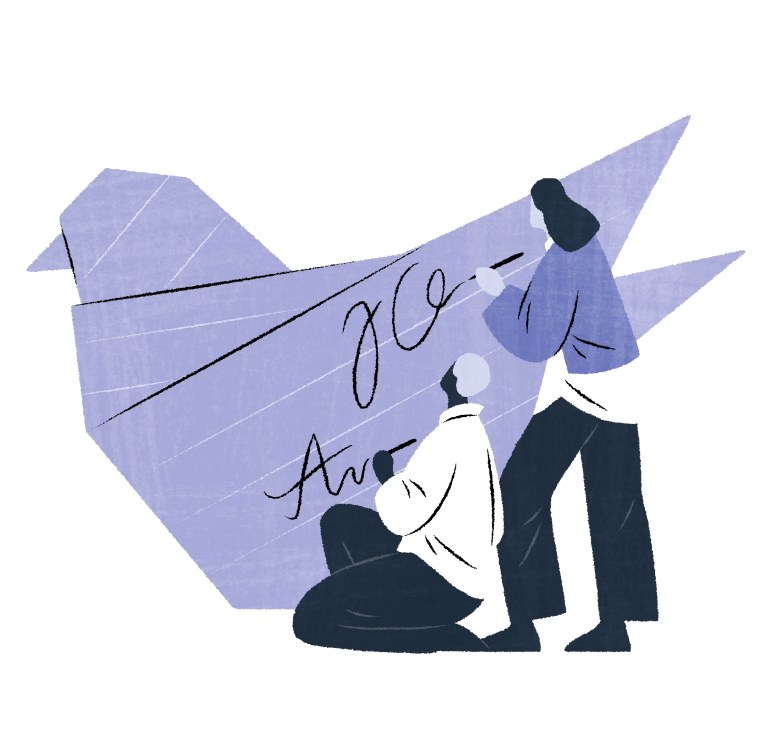 Kaksi hahmoa kirjoittaa origamiin.