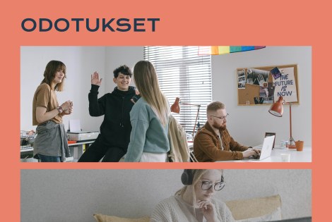 ryhmä opiskelijoita ja yksi opiskelija koneen ääressä