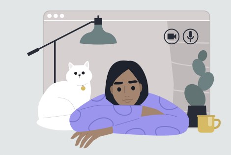 Nuori henkilö ja kissa videopuhelussa, piirroskuvitus.